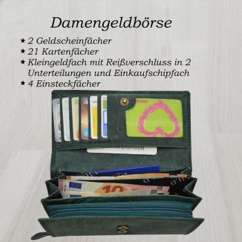 Portemonnaie Damen Wild Leder Geldbeutel mit 21 Kartenfächern (Grün)